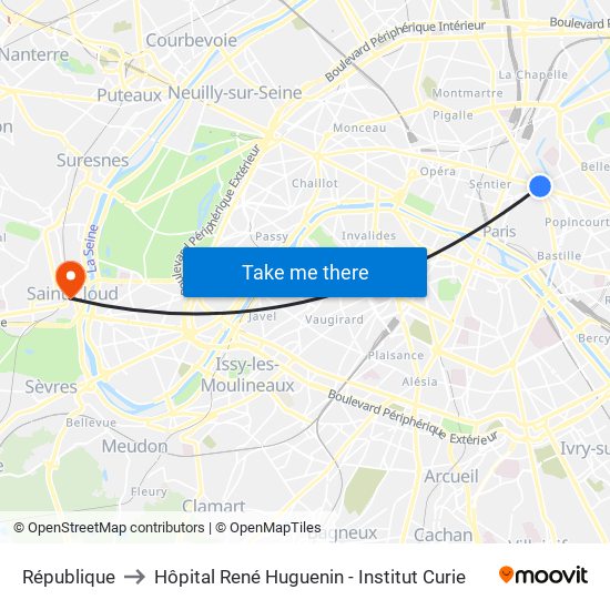 République to Hôpital René Huguenin - Institut Curie map