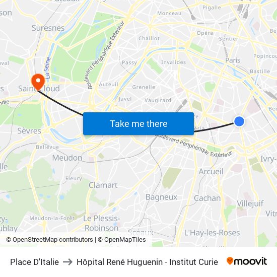 Place D'Italie to Hôpital René Huguenin - Institut Curie map