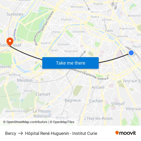 Bercy to Hôpital René Huguenin - Institut Curie map