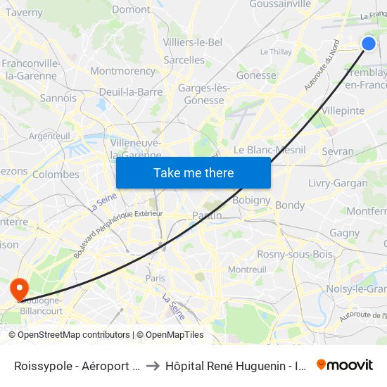 Roissypole - Aéroport Cdg1 (E2) to Hôpital René Huguenin - Institut Curie map