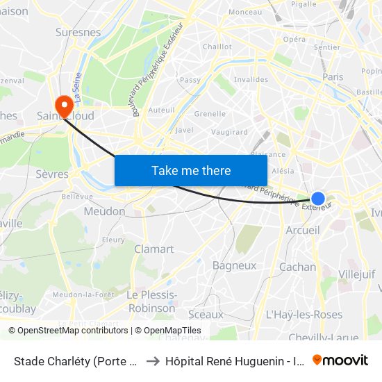 Stade Charléty (Porte de Gentilly) to Hôpital René Huguenin - Institut Curie map