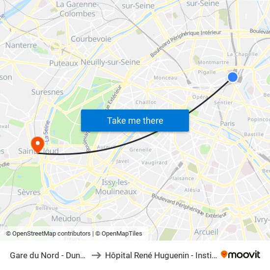 Gare du Nord - Dunkerque to Hôpital René Huguenin - Institut Curie map
