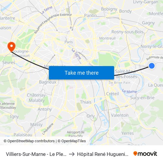 Villiers-Sur-Marne - Le Plessis-Trévise RER to Hôpital René Huguenin - Institut Curie map