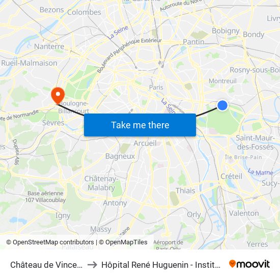 Château de Vincennes to Hôpital René Huguenin - Institut Curie map