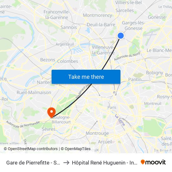 Gare de Pierrefitte - Stains RER to Hôpital René Huguenin - Institut Curie map