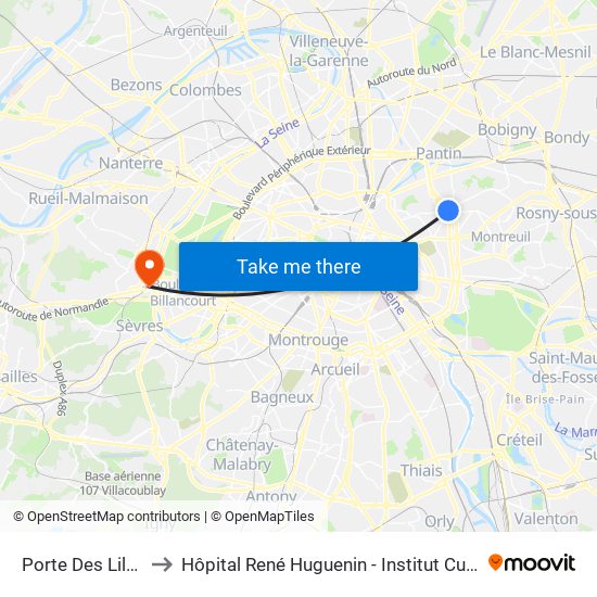 Porte Des Lilas to Hôpital René Huguenin - Institut Curie map
