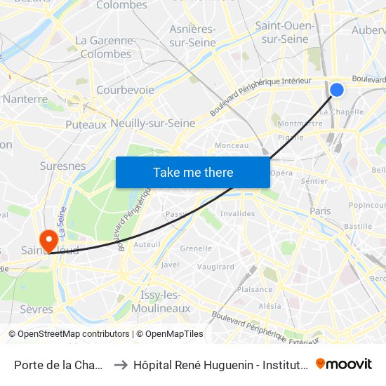 Porte de la Chapelle to Hôpital René Huguenin - Institut Curie map