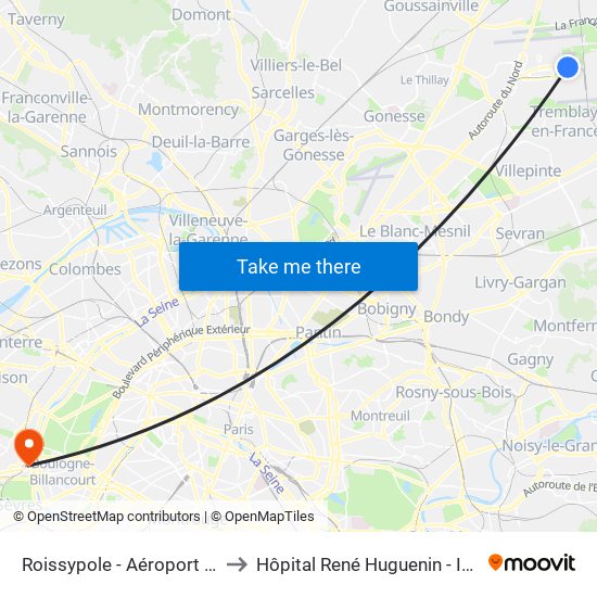 Roissypole - Aéroport Cdg1 (D1) to Hôpital René Huguenin - Institut Curie map