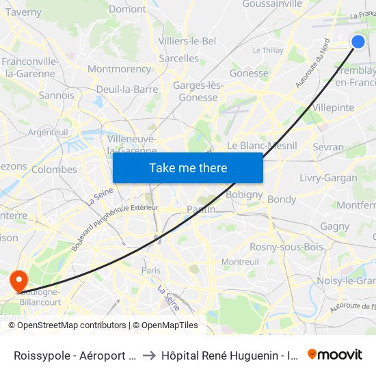 Roissypole - Aéroport Cdg1 (G1) to Hôpital René Huguenin - Institut Curie map