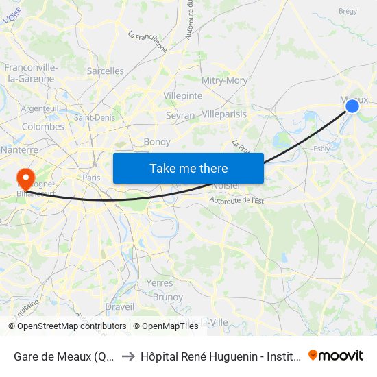 Gare de Meaux (Quai D) to Hôpital René Huguenin - Institut Curie map