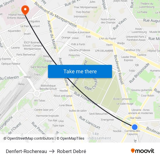Denfert-Rochereau to Robert Debré map