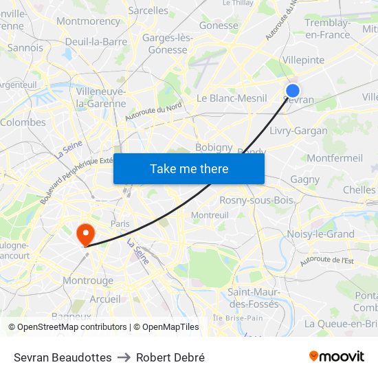 Sevran Beaudottes to Robert Debré map