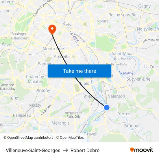Villeneuve-Saint-Georges to Robert Debré map