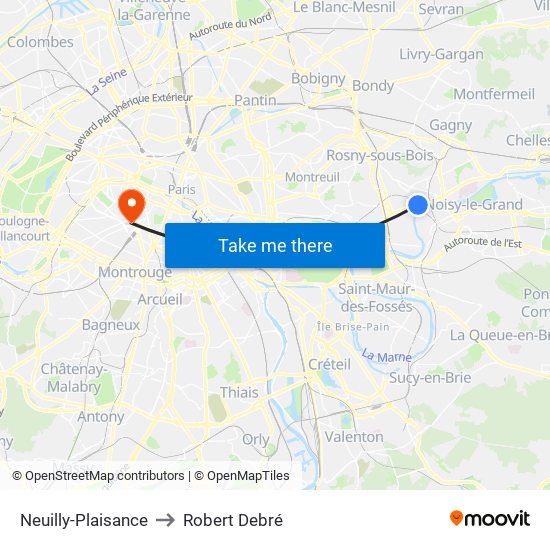 Neuilly-Plaisance to Robert Debré map
