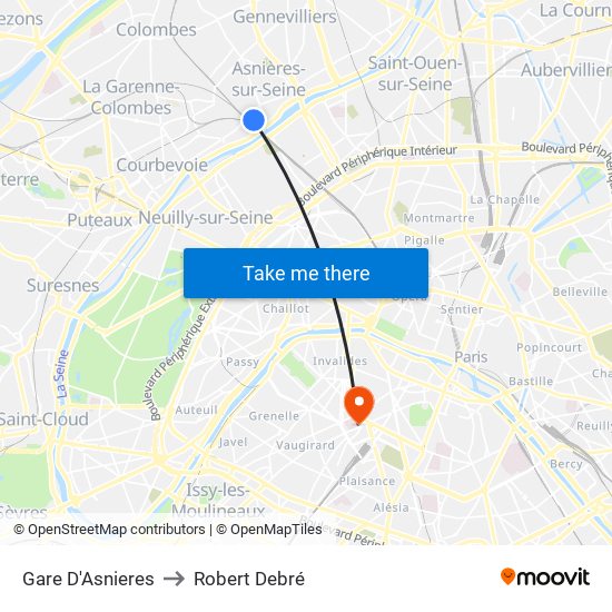 Gare D'Asnieres to Robert Debré map
