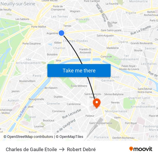 Charles de Gaulle Etoile to Robert Debré map