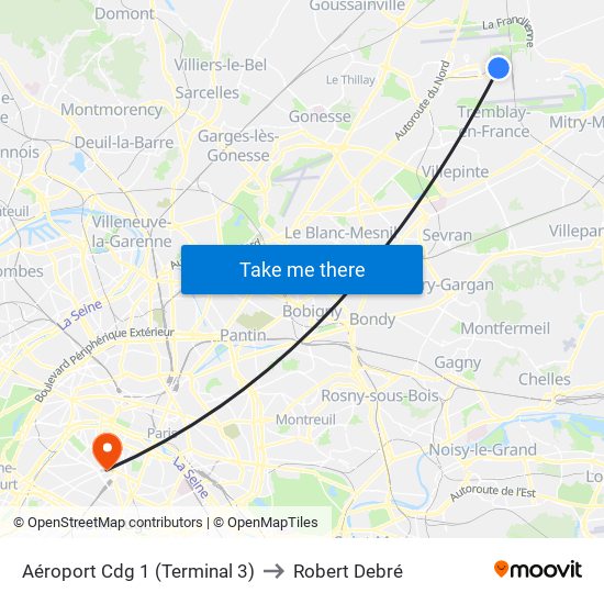 Aéroport Cdg 1 (Terminal 3) to Robert Debré map