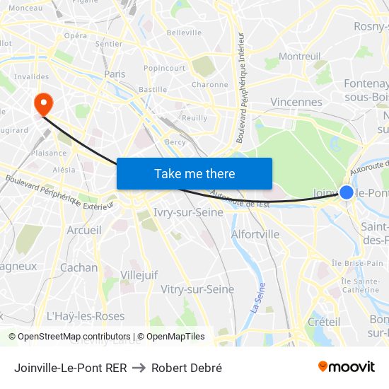 Joinville-Le-Pont RER to Robert Debré map