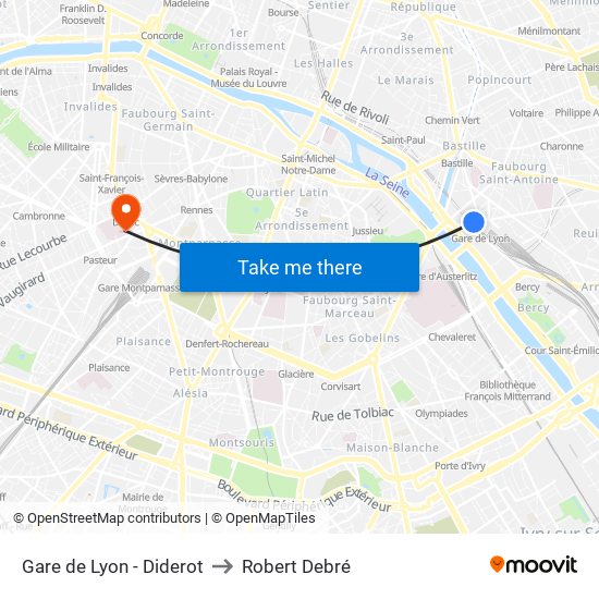 Gare de Lyon - Diderot to Robert Debré map