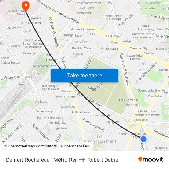 Denfert-Rochereau - Métro-Rer to Robert Debré map
