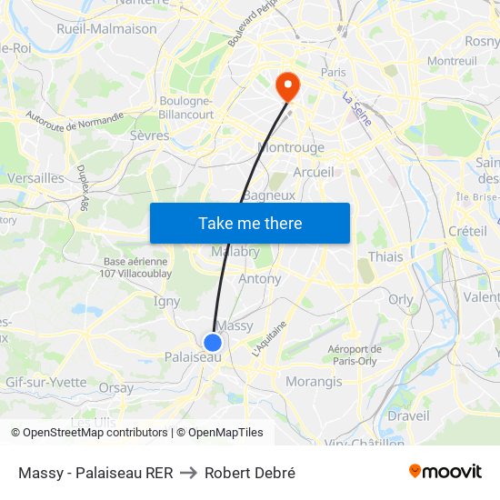 Massy - Palaiseau RER to Robert Debré map