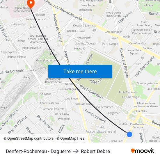 Denfert-Rochereau - Daguerre to Robert Debré map