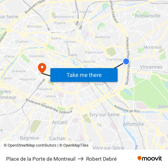 Place de la Porte de Montreuil to Robert Debré map