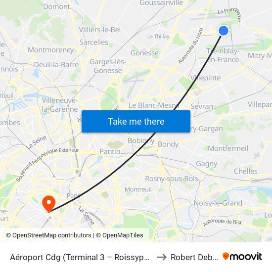 Aéroport Cdg (Terminal 3 – Roissypôle) to Robert Debré map