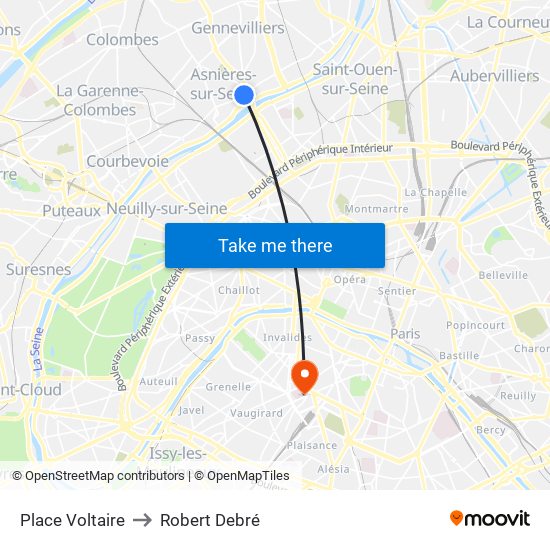 Place Voltaire to Robert Debré map