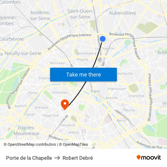Porte de la Chapelle to Robert Debré map
