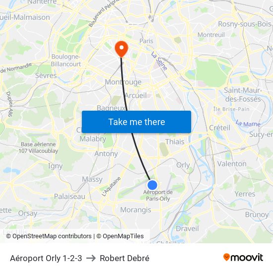 Aéroport Orly 1-2-3 to Robert Debré map