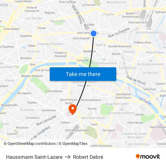 Haussmann Saint-Lazare to Robert Debré map