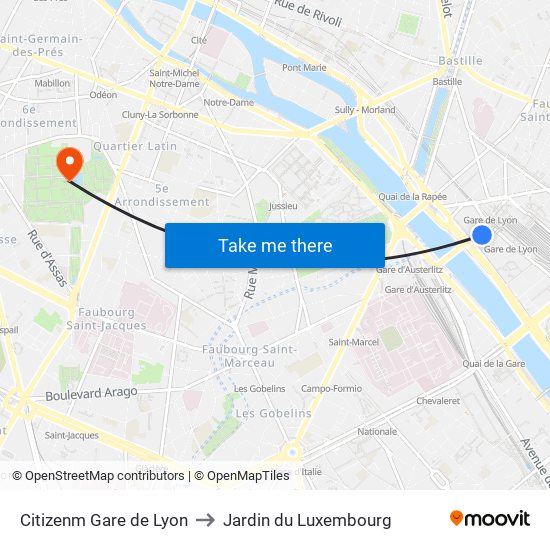 Citizenm Gare de Lyon to Jardin du Luxembourg map