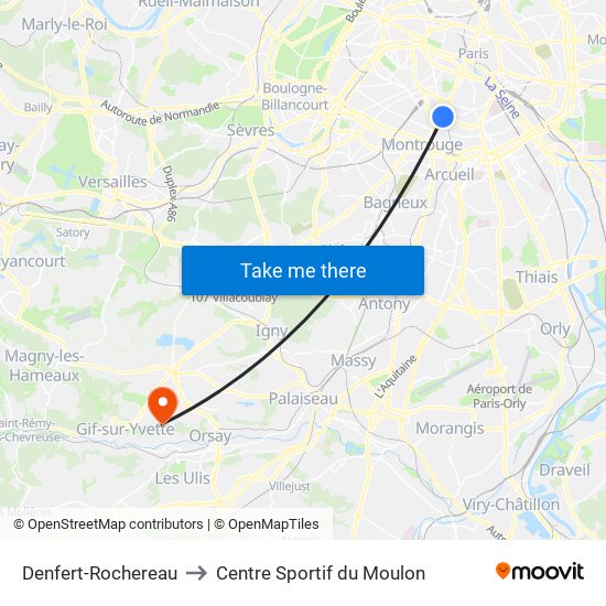 Denfert-Rochereau to Centre Sportif du Moulon map