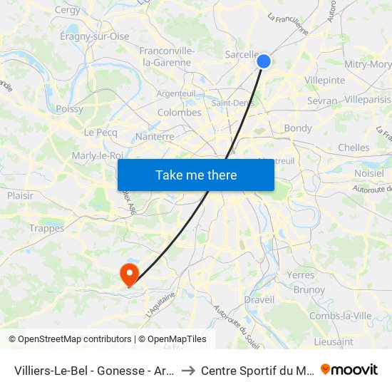 Villiers-Le-Bel - Gonesse - Arnouville to Centre Sportif du Moulon map