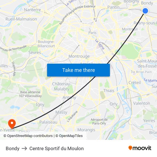 Bondy to Centre Sportif du Moulon map