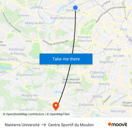Nanterre Université to Centre Sportif du Moulon map