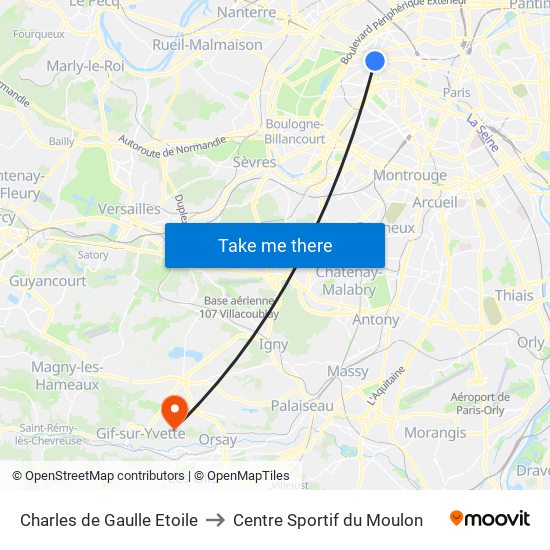 Charles de Gaulle Etoile to Centre Sportif du Moulon map