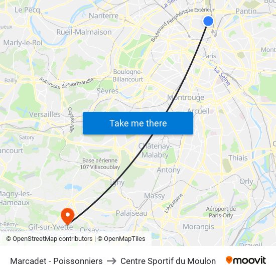 Marcadet - Poissonniers to Centre Sportif du Moulon map