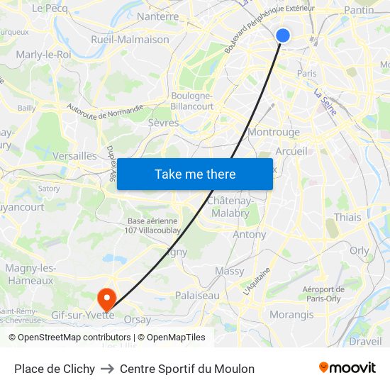 Place de Clichy to Centre Sportif du Moulon map