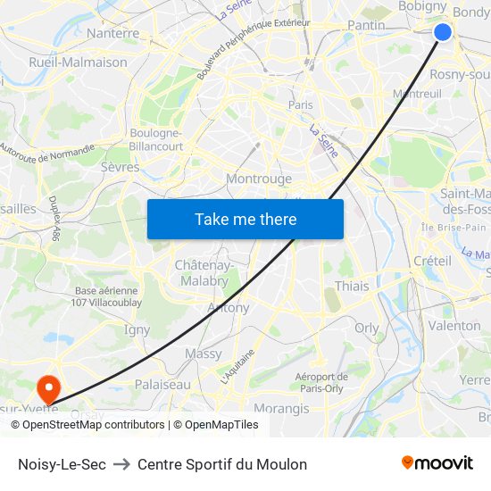 Noisy-Le-Sec to Centre Sportif du Moulon map