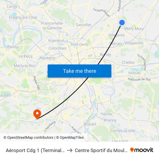 Aéroport Cdg 1 (Terminal 3) to Centre Sportif du Moulon map