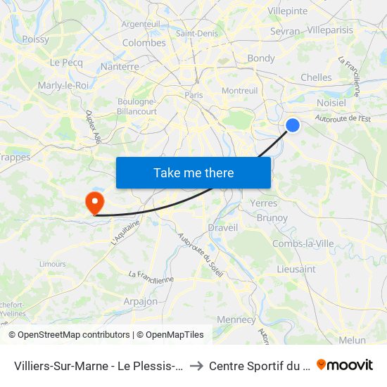 Villiers-Sur-Marne - Le Plessis-Trévise RER to Centre Sportif du Moulon map