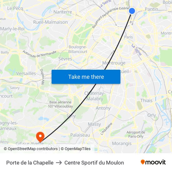 Porte de la Chapelle to Centre Sportif du Moulon map