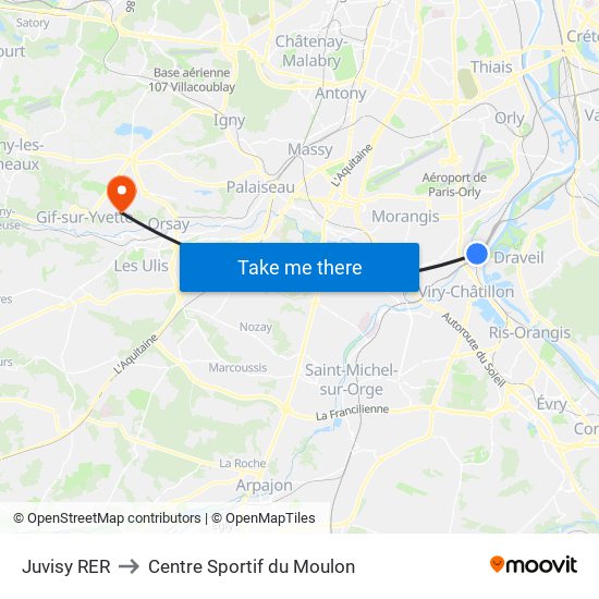 Juvisy RER to Centre Sportif du Moulon map
