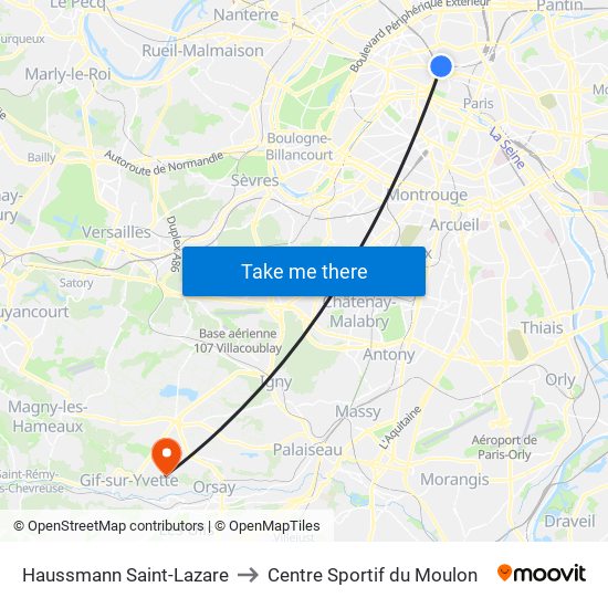 Haussmann Saint-Lazare to Centre Sportif du Moulon map