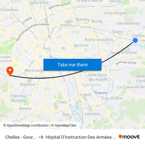 Chelles - Gournay to Hôpital D'Instruction Des Armées Percy map
