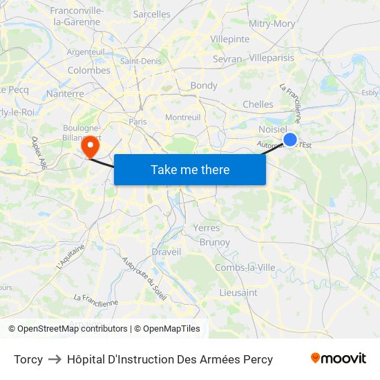 Torcy to Hôpital D'Instruction Des Armées Percy map
