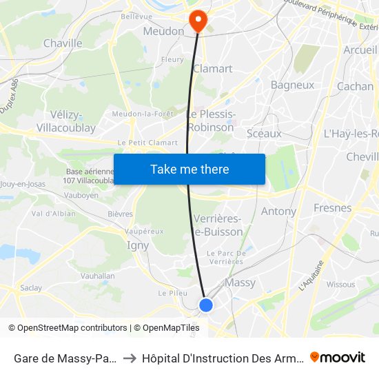 Gare de Massy-Palaiseau to Hôpital D'Instruction Des Armées Percy map