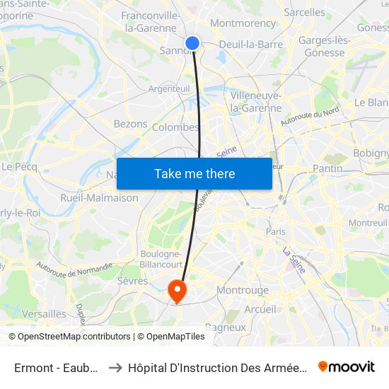 Ermont - Eaubonne to Hôpital D'Instruction Des Armées Percy map